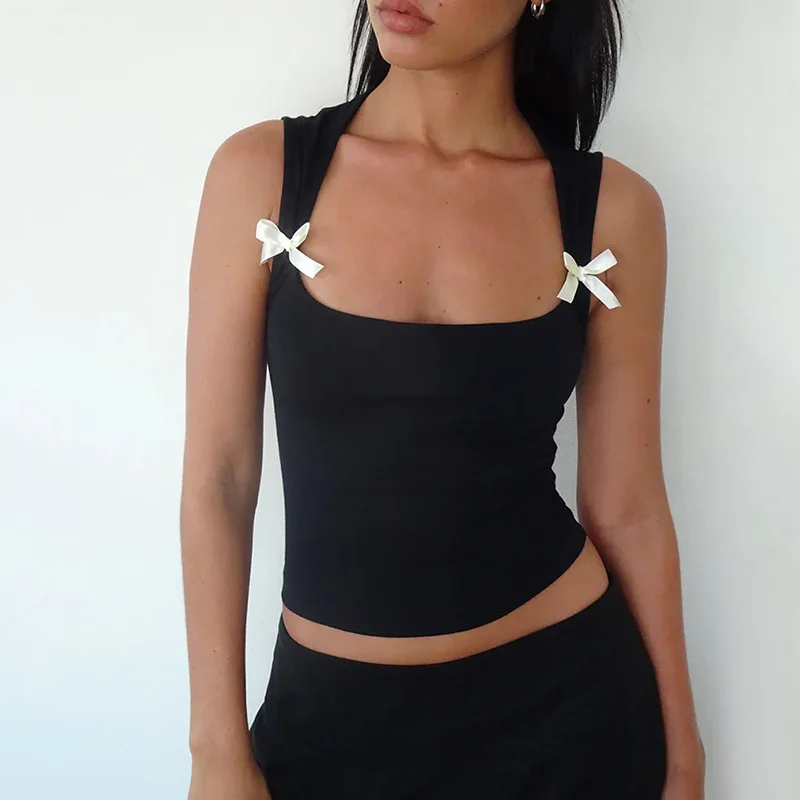 Y2K Women'S Bow Tie-Up Tank Tops Wide Shoulder Straps Bandage Camisole Sexy Low Cut Crop Tops Female Vest Tops