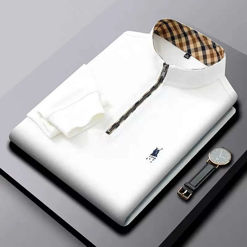 Luxuriöses neues Langarm-T-Shirt mit halbem Reißverschluss, 100 % Baumwolle, Marke bestickt, Stehkragen, Herrenbekleidung, Herbst, lässiges Poloshirt