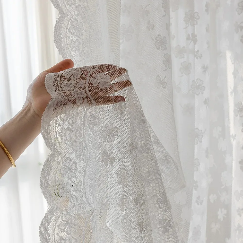 French Pastoral Sheer Curtain Four-leaf Clover Jacquard Lace Drapes for Bedroom, Living Room Large-sized Curtains Rod Pocket Top
