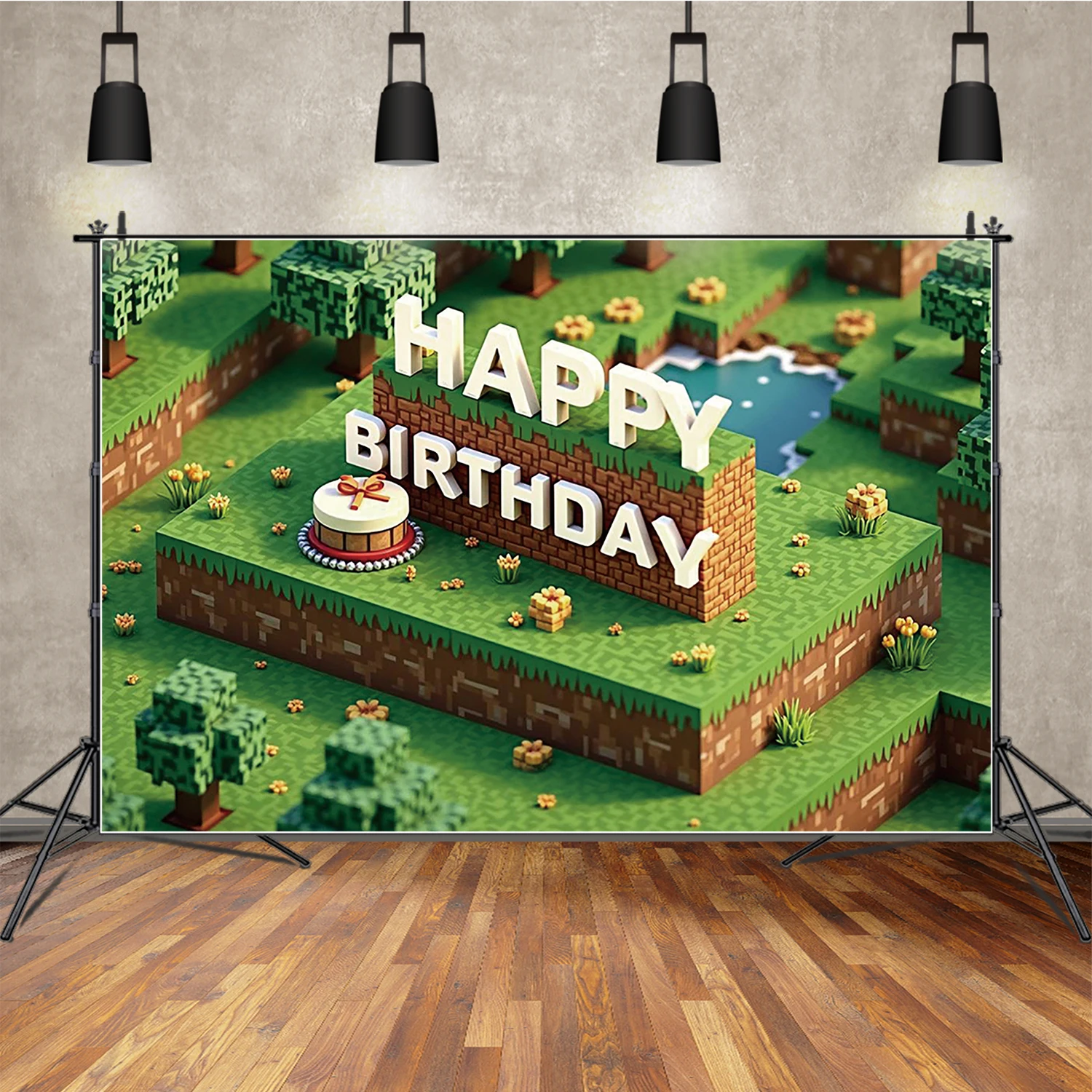 

MOON.QG Happy Birthday Banner Background Photography Boy Girl Green Forest Pixel Game Photozone Backdrop Baby Photo Studio Props