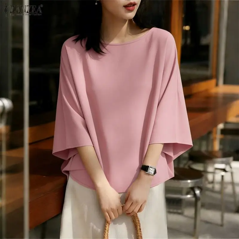 

Women's Minimalist Casual Loose Blouses O-Neck 3/4 Sleeve Solid Color Pullover Tops ZANZEA Summer Daily Wear Blusas de Mujer