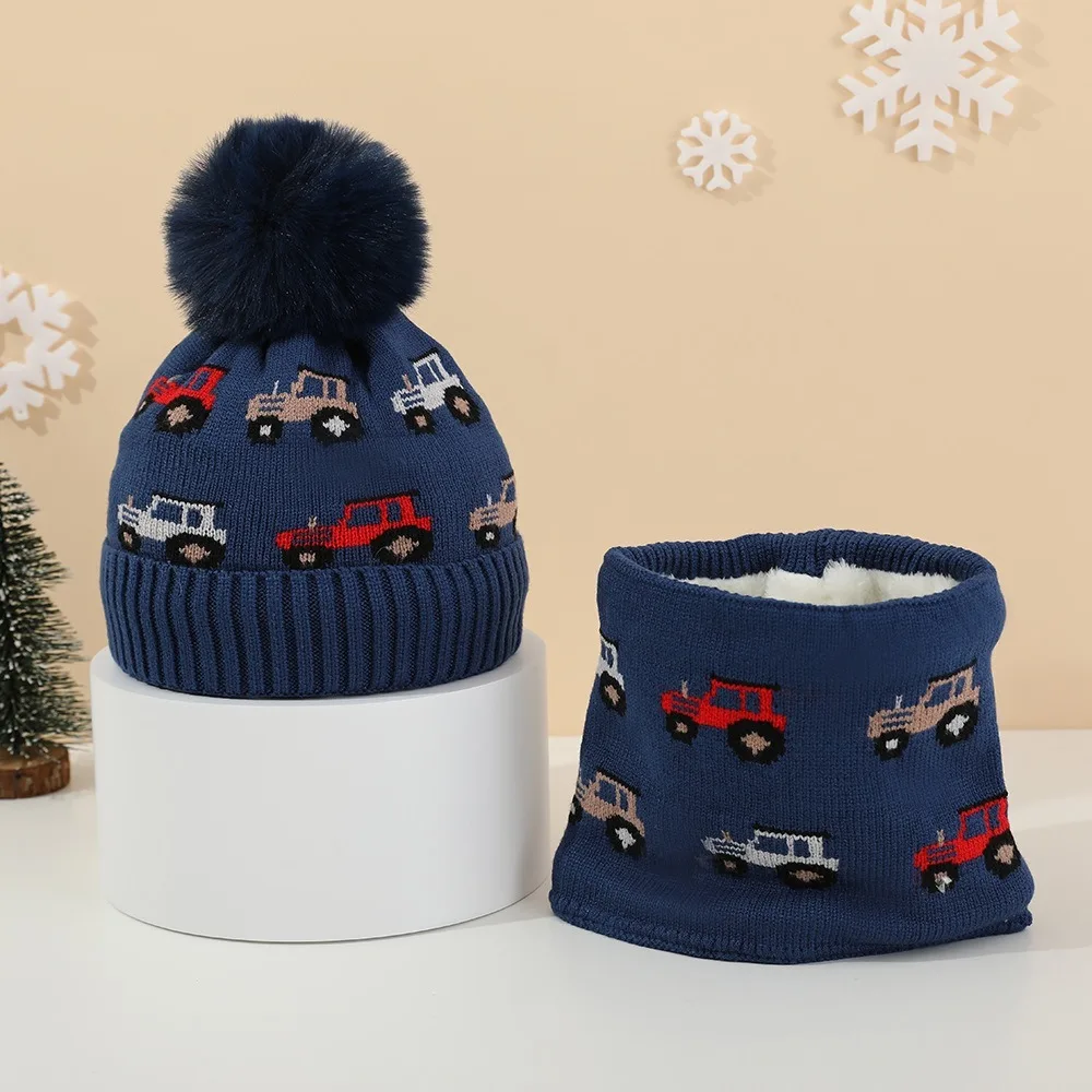 

Warm Car Pattern Kids Knit Hat Scarf Set Fleece Lining Ear Protection Knitted Cap Scarf Thickened Windproof Boy Winter Hat Kids