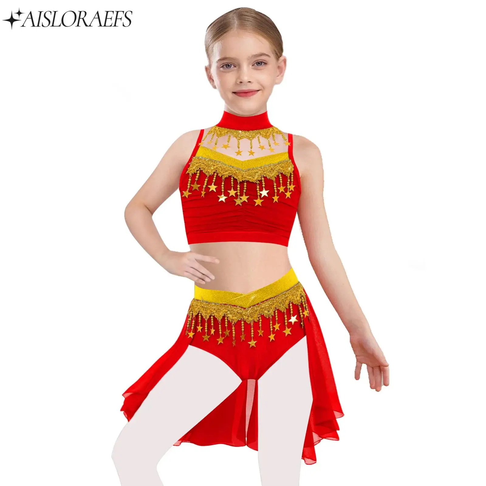 

Kids Girls Shiny Star Sequin Tassels Belly Dance Outfit Halloween Cosplay Costume Tops Withchiffon Skirt And Detachable Colla