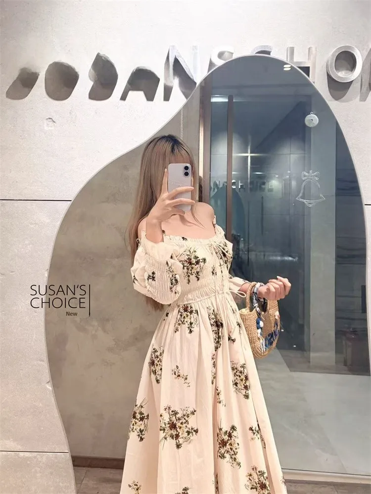 Vestido F de Manga Longa Estilo Campestre Susan, Cintura Elástica, Decote em U, Saia Floral de Conto de Fadas para Cam...