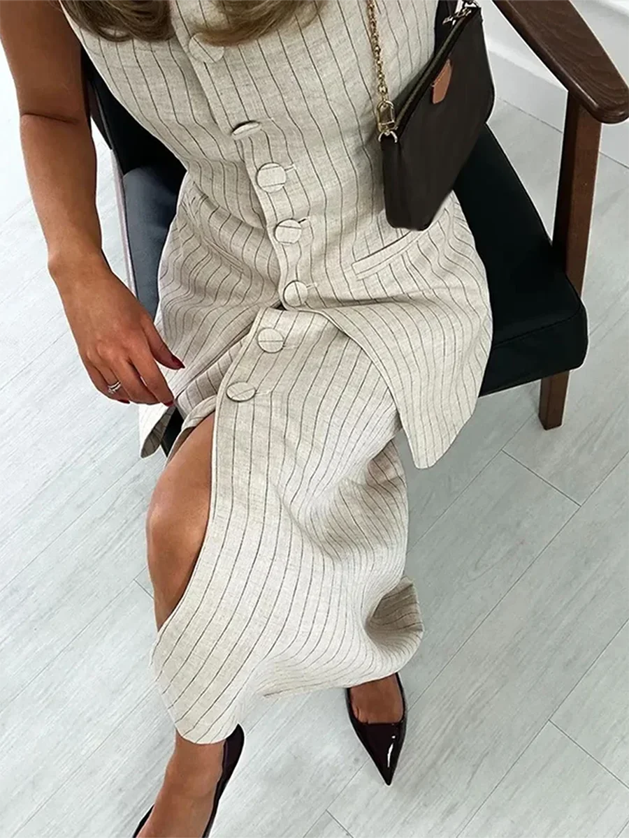 Women s Striped Long Vest Tops Button-up Sleeveless Dressy Suit Jacket Round Neck Waistcoat