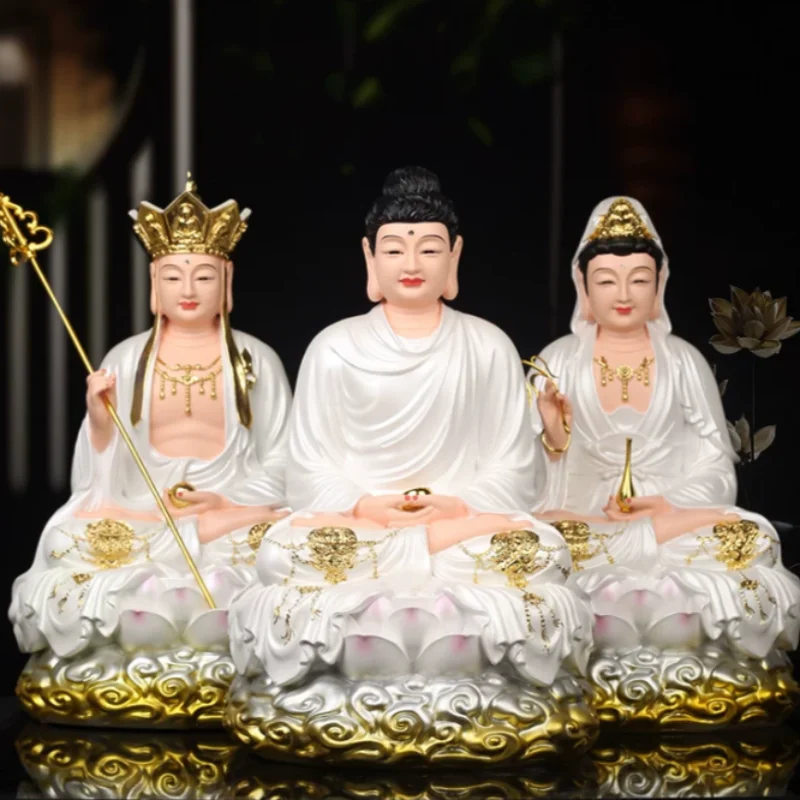 Saha World Trinity Sculpture - Shakyamuni, Guanyin & Ksitigarbha Bodhisattvas, Sacred Shrine Centerpiece & Home Decor