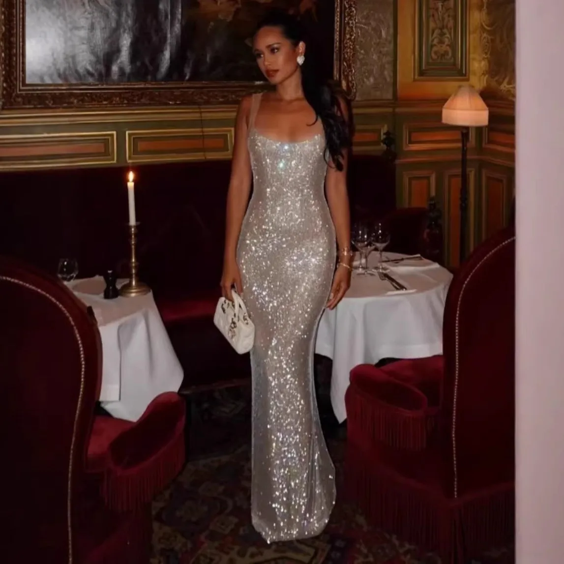 Single Slim Fit Maxi Length Gown with Strapless Rhinestone Embellishment Mid Waist Yuppie Chic Sexy Dress Summer for Women