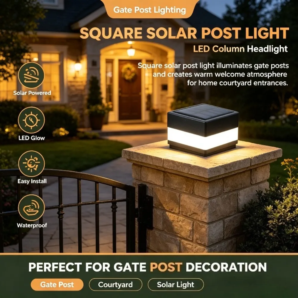 Solar Square Column Headlight Outdoor Solar LED Fence Deck Lights Used for Garden Courtyard Terrace Channel Landscape Decoration