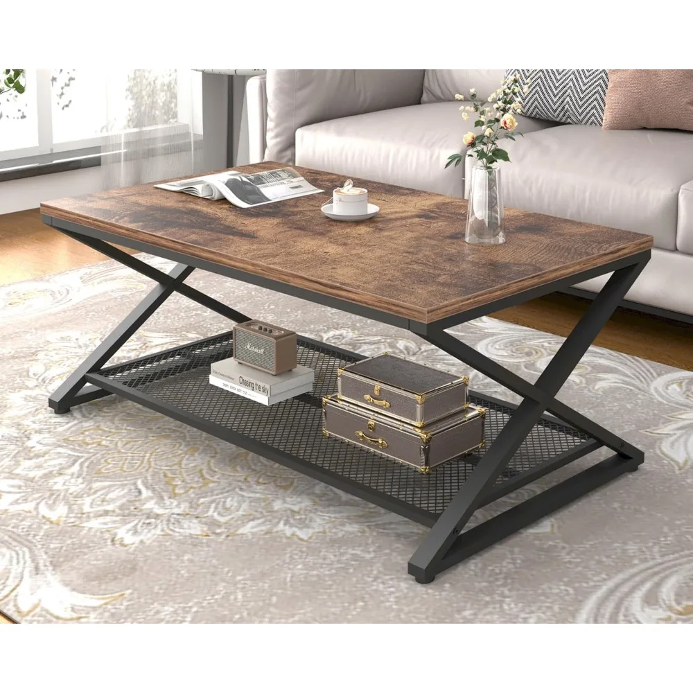 

Rustic Coffee Table, Industrial Metal Wood 2 Tier Cocktail Tea Table with Storage for Living Room, Farmhouse Wooden Rectangle C