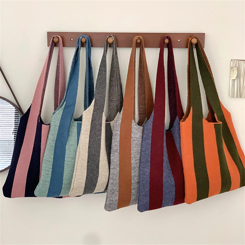 Women's Winter New Knitted Shoulder Bag Girls Senior Sense Woolen Shopping Bags Students Large Capacity Clash Stripe Crossbody