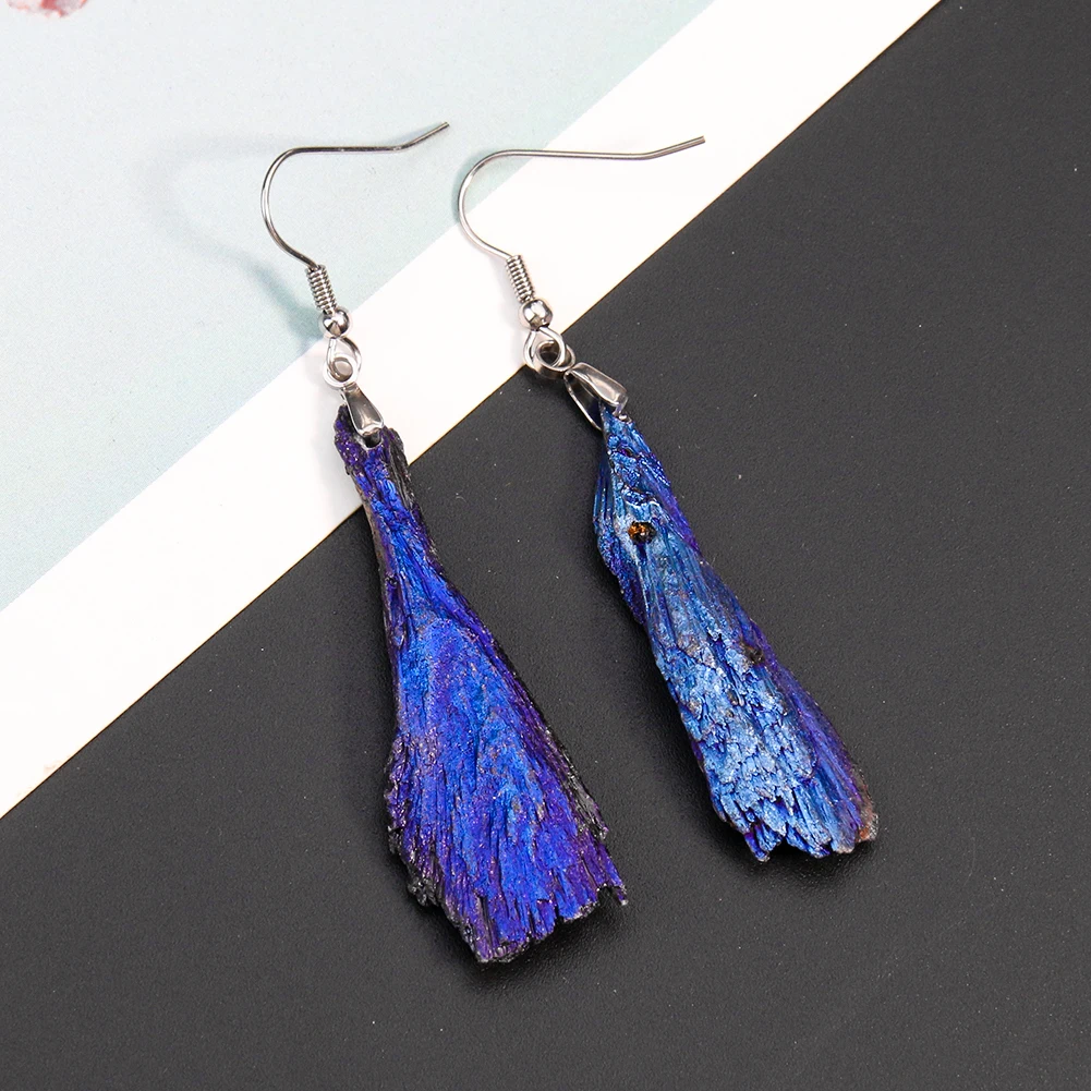 1 Pair Tourmaline Earrings Feather Stone Charms Unique Ear Hook Wand Dangle Blue Royalblue Mineral Bohemian Woman Jewelry Gift