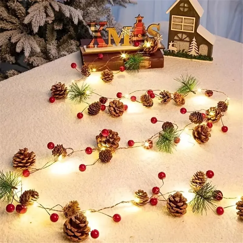 LED Christmas String Lights Battery Powered Fairy Lamps with Pinecone Red Berry Bell for Wall Xmas Tree Wedding Holiday Decor