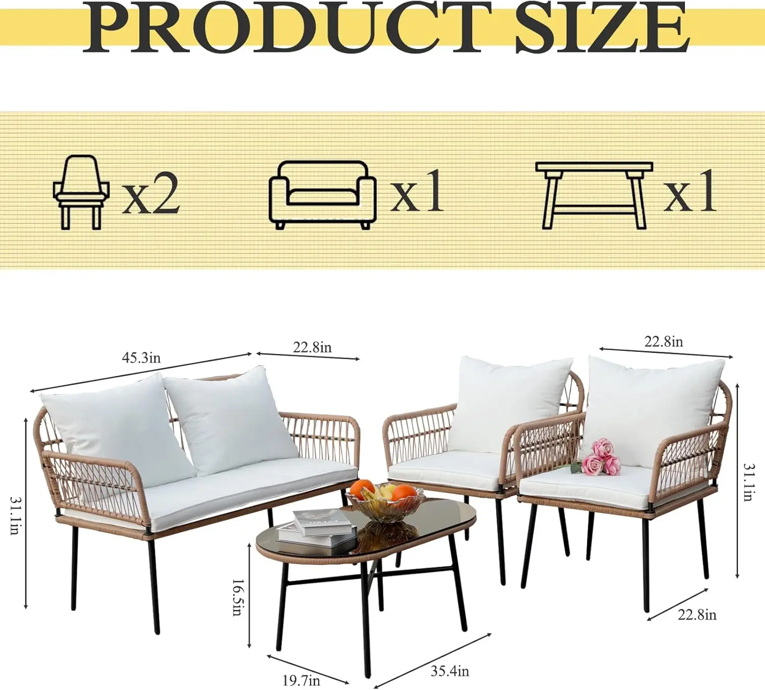 Boho estilo outdoor furniture set, cadeiras de vime com almofadas laváveis brancas e mesa, cadeira varanda