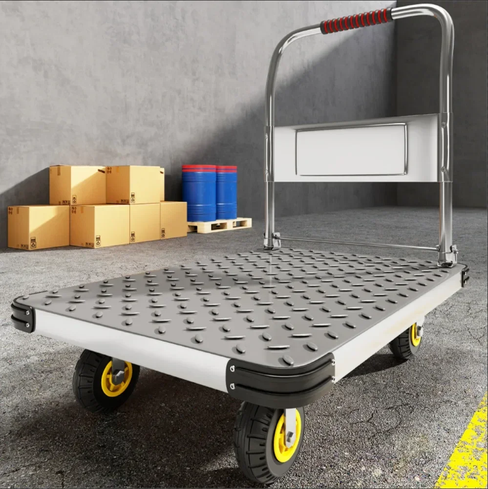 Steel plate trolley, four-wheel silent truck, express pulling flatbed cart, small cart folding trailer, pushing and pulling trol