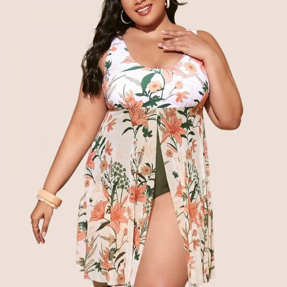 Plus Size Vrouwen Hawaii Monokini U-Hals Mouwloze Split Eendelige Zwembroek Controle Buik Zwempak Sneldrogende Strandkleding