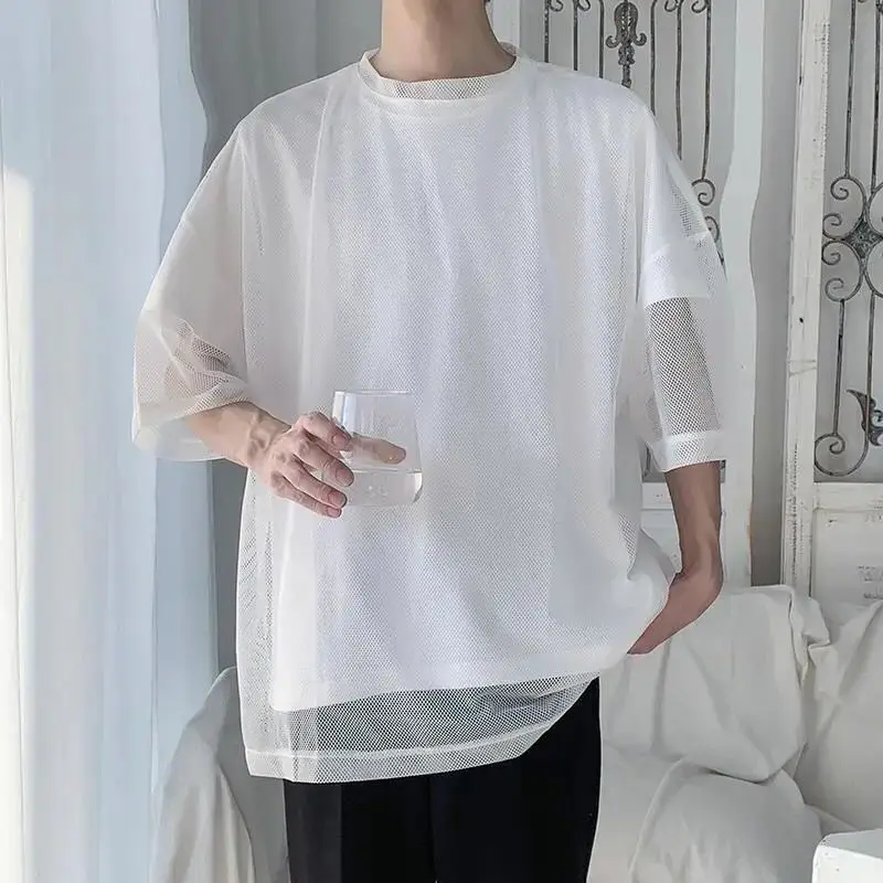 2023 Korean Style Round Neck Gauze Breathable Clothes Man Summer Fashion Loose Sheer Thin Style Men's Wear