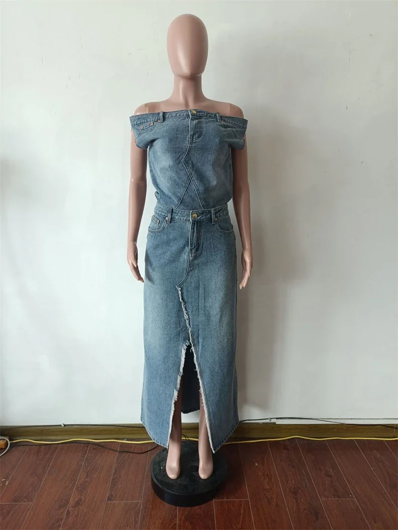 Denim Dress Sets For Two Piece Set Summer Clothes Women 2024 Off Shoulder Crop Top and Skirt Sets Jean 2 Piece Sets Women Outfit