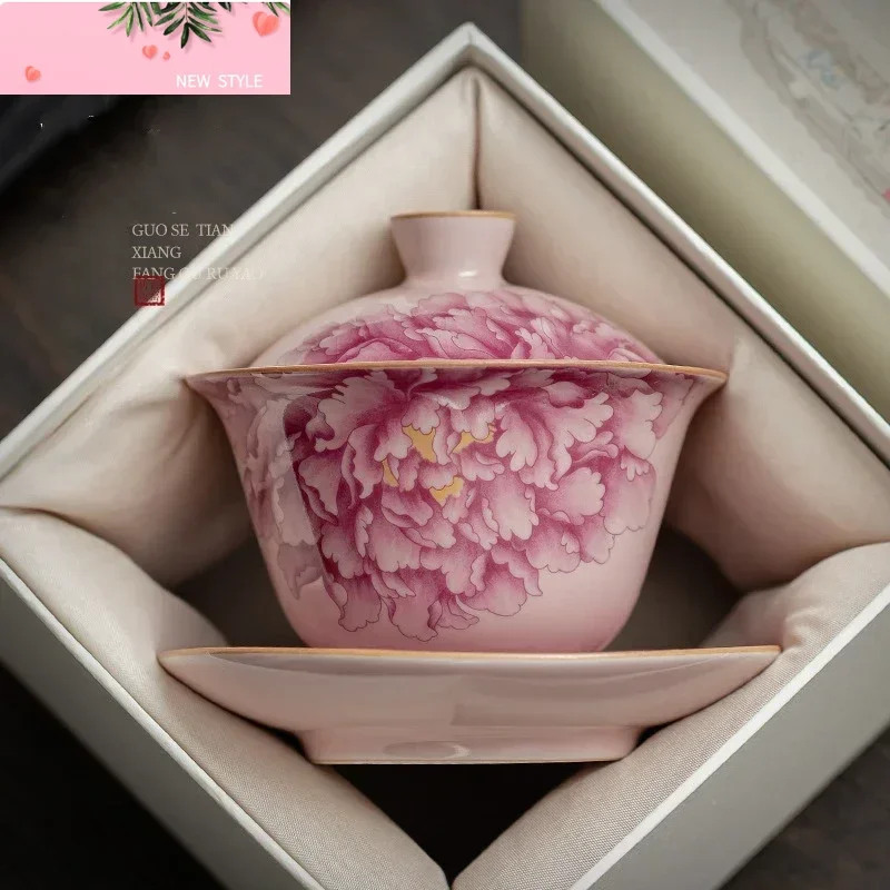 

Фарфоровый гавайский набор Peony Ru Yao для чайной подсувки, чашка для чайной посуды, китайские розовые керамические открывающиеся чайные миски, чаваньская чайная керамика