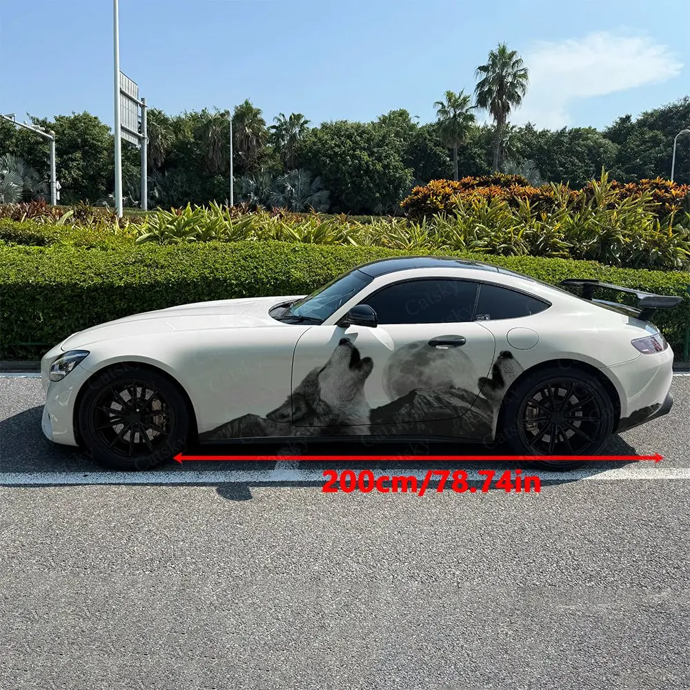 2pcs Mountain Moon Two Howling Wolves Car Side Wraps, Self-Adhesive PVC Waterproof & Scratch-Resistant Stickers, Car Accessory