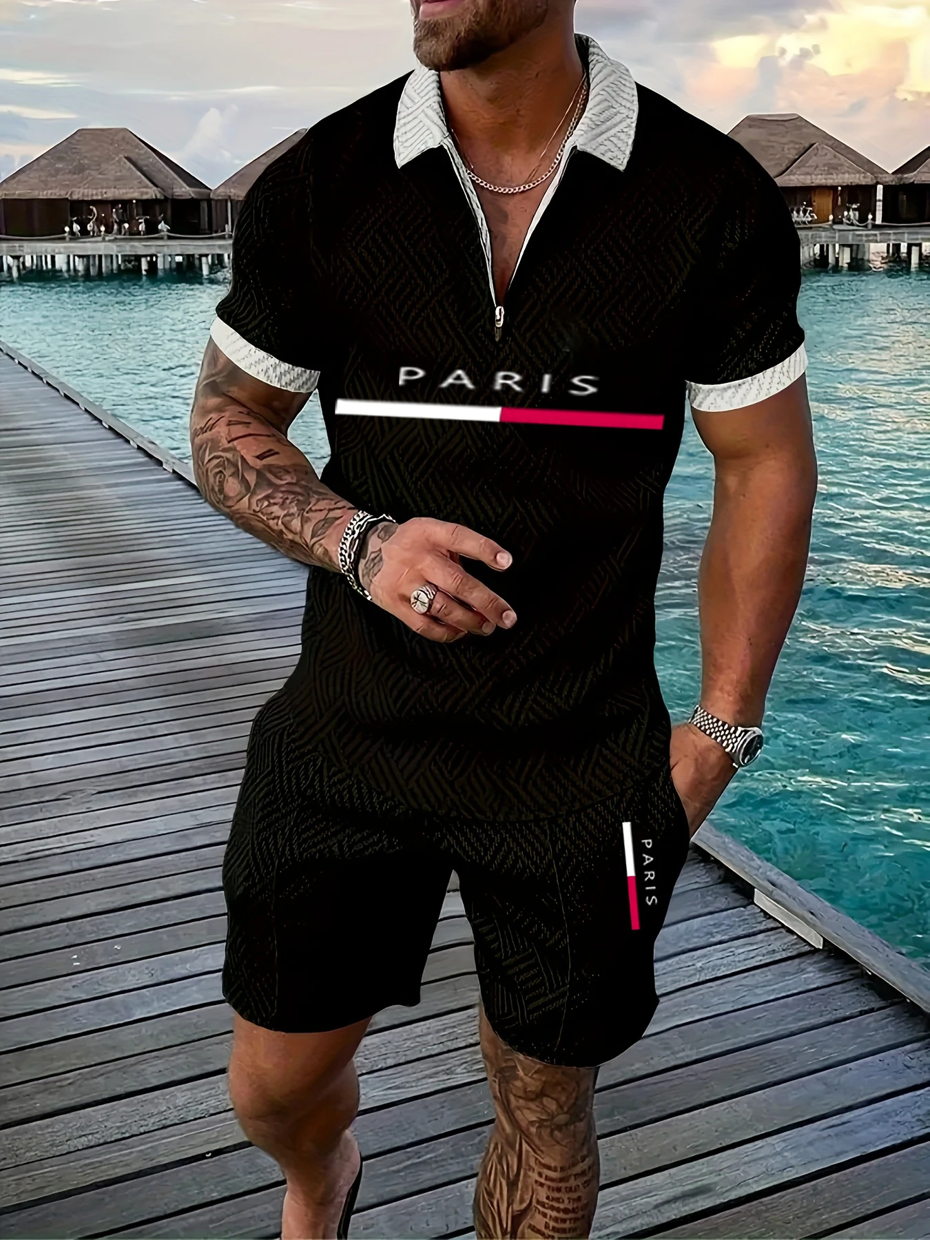 Simple Fashion Men's Sets Casual Zip Short Sleeve Polo Shirts Shorts 2 Piece Outfit Men Sports Clothing Summer Street Loose Suit