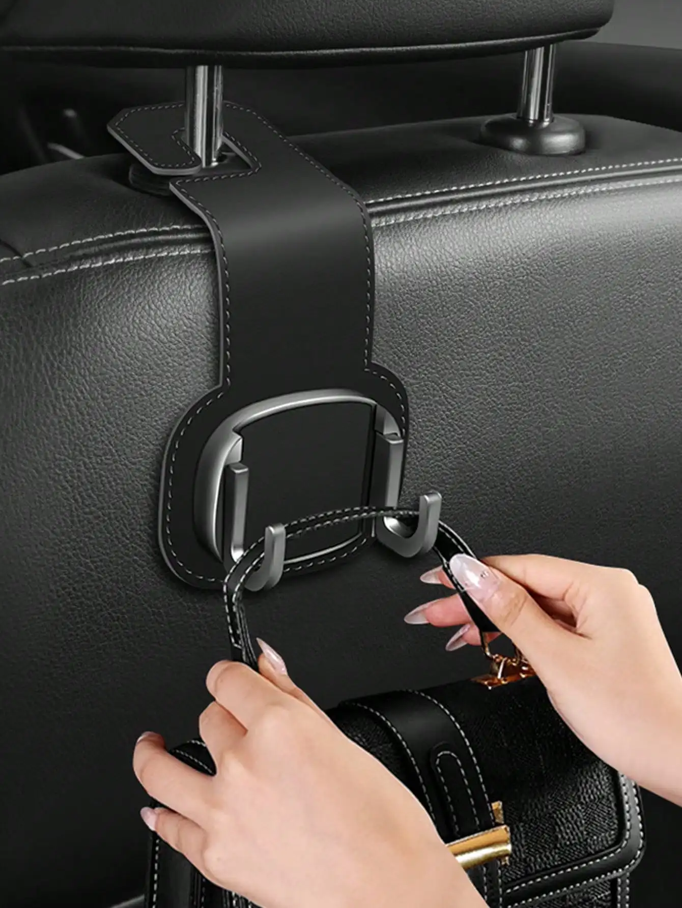 Car Seat Back Hook – Faux Suede Foldable Dual Metal Hanger, Car Interior Organizer, Small Item Storage Hook
