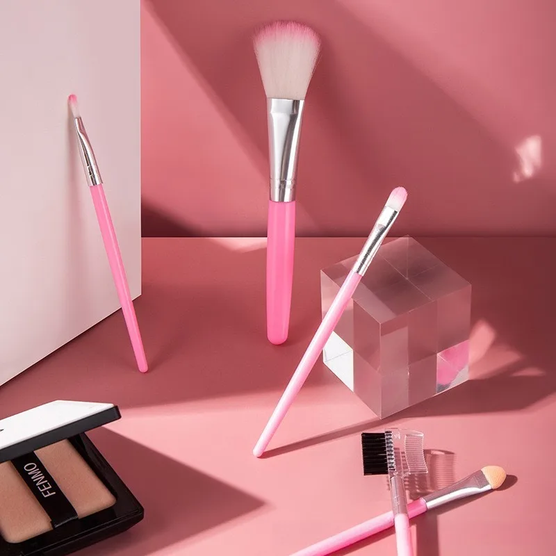 5 STKS Tas Draagbare Plastic Borstel Handvat Make-up Borstel Vezel Textuur Poeder Blusher Oogschaduw Borstel Make-up Beauty Tool Set