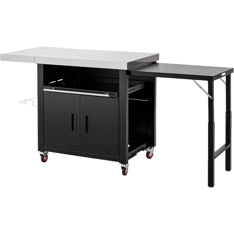 

Removable BBQ Grill with Cabinets Outdoor Kitchen Foldable Side Table Stainless Steel Countertop Cart