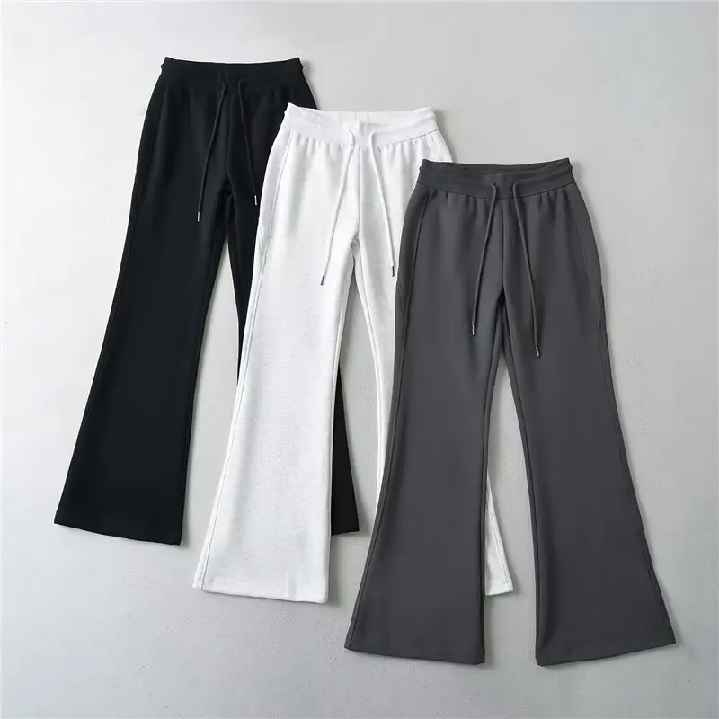 Pantalones Deportivos Casuales de Cintura Alta con Cordón, Ajuste Holgado, Estilo Acampanado, Pantalones Largos de Moda Premium para Mujer, Pantalones de Pierna Ancha