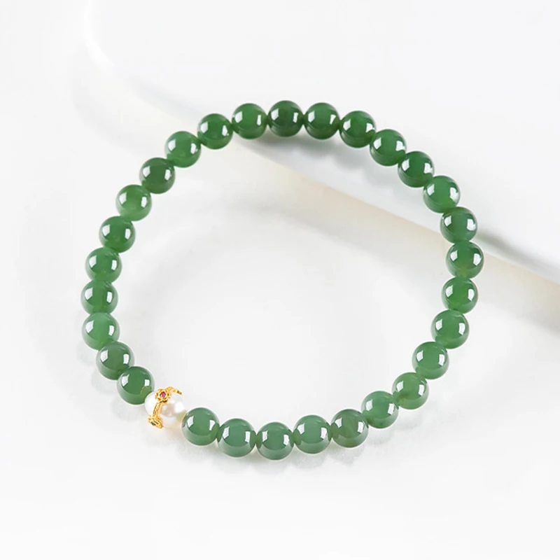 

Natural Old-Material Hetian Jade Jasper Pearl Bracelet for Women Ancient Style Gemstone Hand High-End Gift Support Wholesale