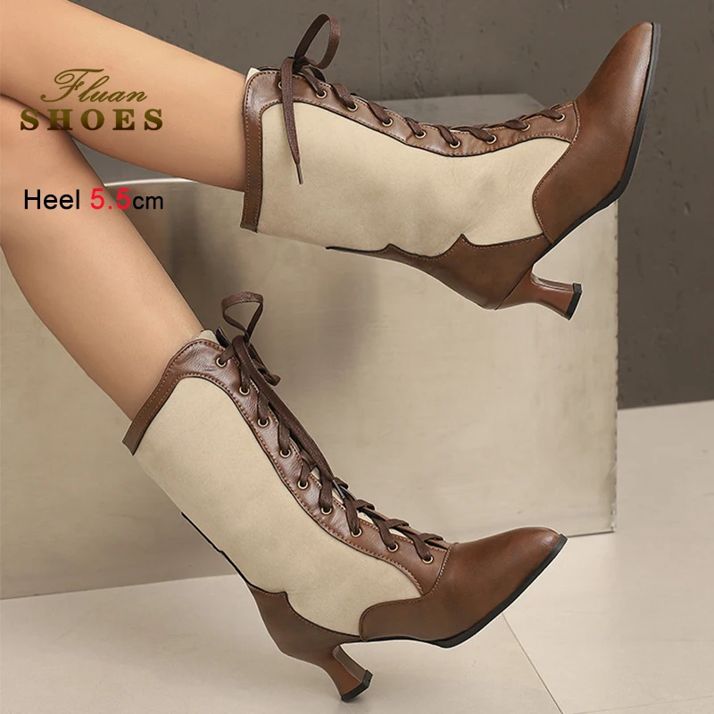 

Autumn Winter Color Blocked Women's Knight Boots Pointed Toe Mid-calf Boots Coarse Heels 5.5cm Lace Up Daily Female Middle Boots
