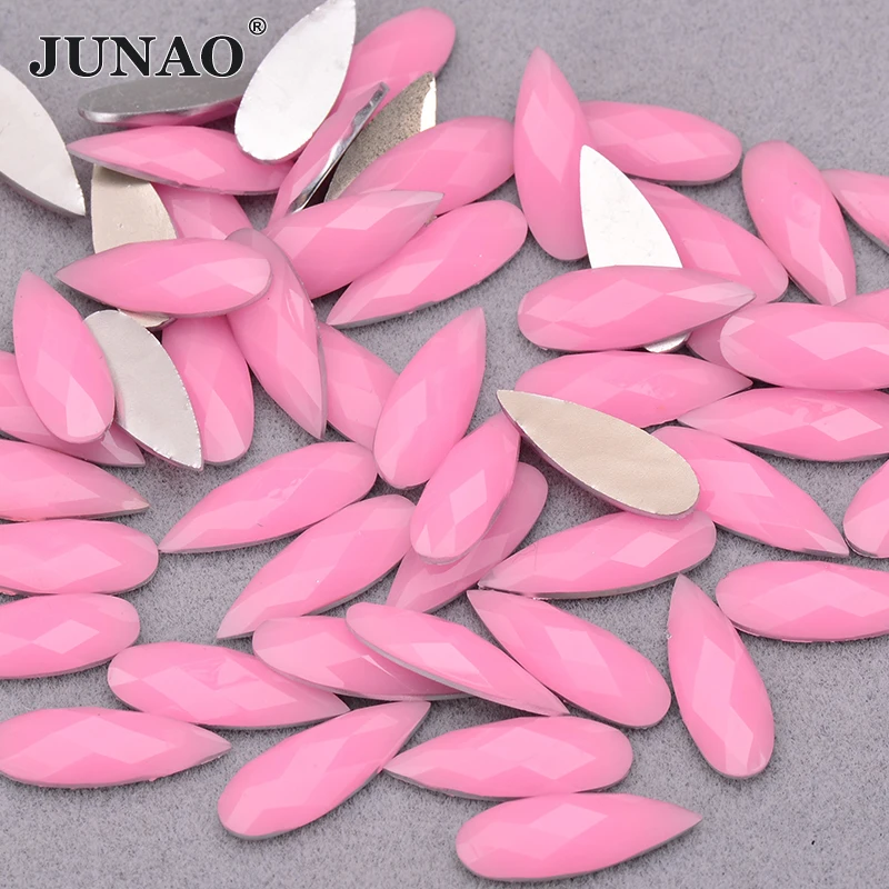 JUNAO 100Pcs 8*22mm Blue Color Teardrop Glue On Resin Rhinestone Flat Back Crystal Stone Big Size Strass Beads For Clothes