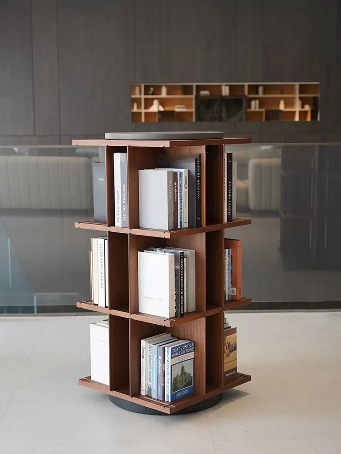 Rotating Bookshelf Solid Wood Living Room Nordic Creative Floor Shelf Household Floor Rotating Premium North American Walnut
