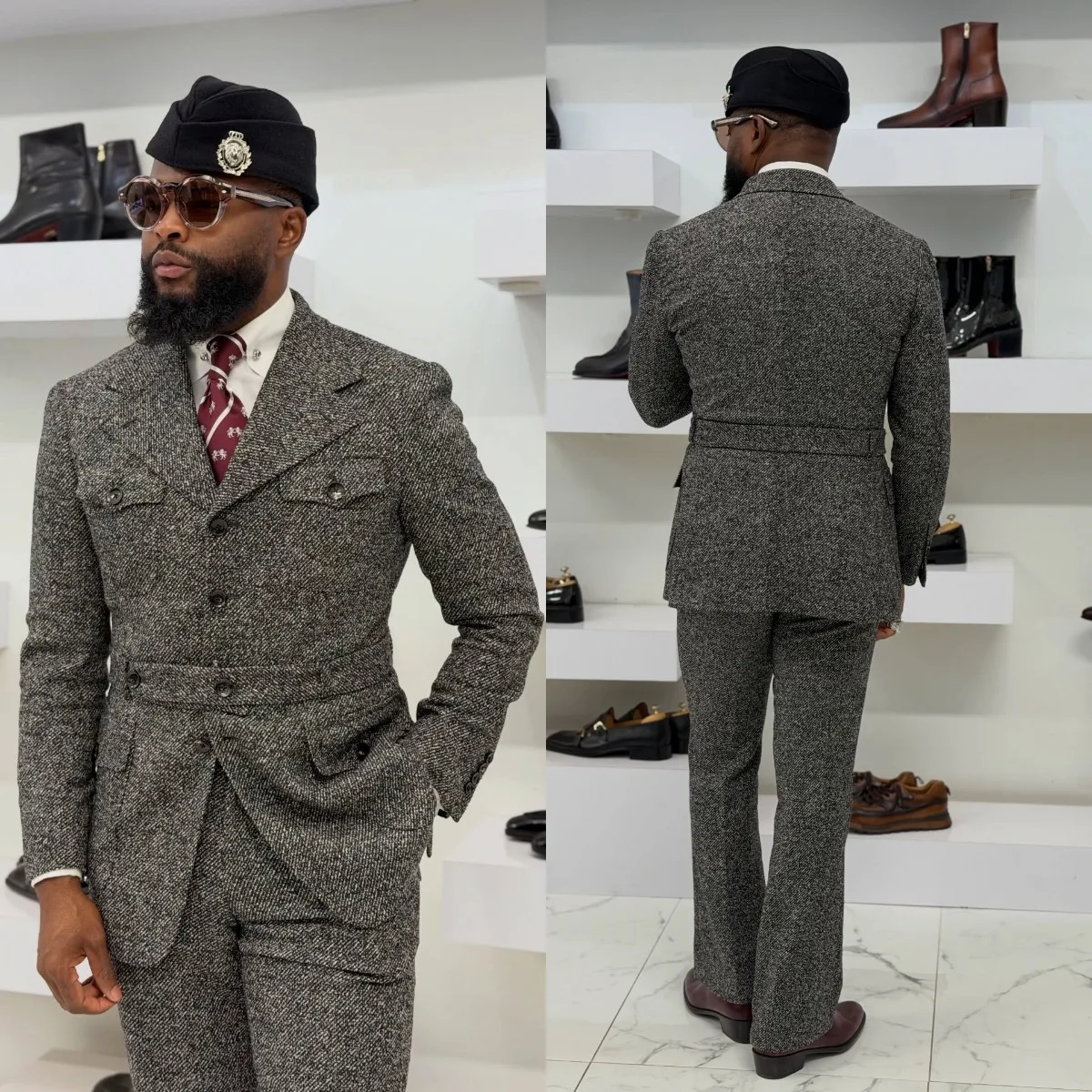 Classic Grey Salt and Pepper Tweed Suit with Half Belt Back and Multi Pockets Men Autumn Vintage Blazer Pants Customized M266702