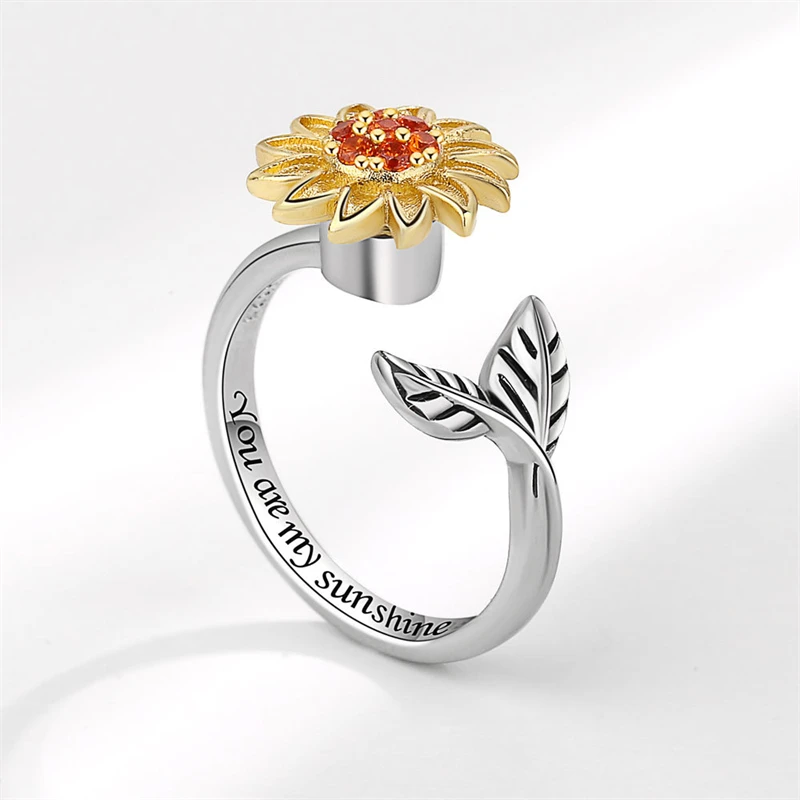 WYEAIIR Rotatable Reduce Pressure Sunflower Gold Art 925 Sterling Silver Resizable Opening Ring For Women Luxury Jewelry