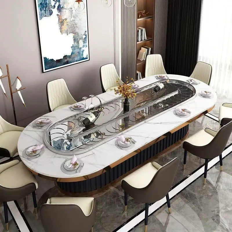 New Chinese hotel rock slab oval electric dining table invisible induction cooker modern restaurant automatic rotating long hot