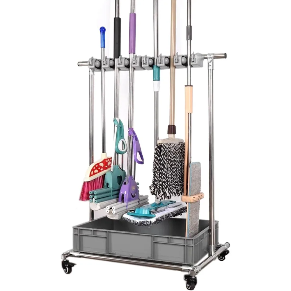 

Floor Standing Mop and Broom Holder: Rolling Cleaning Tool Cart for Schools, Hotels, Restaurants, and Laundry Rooms