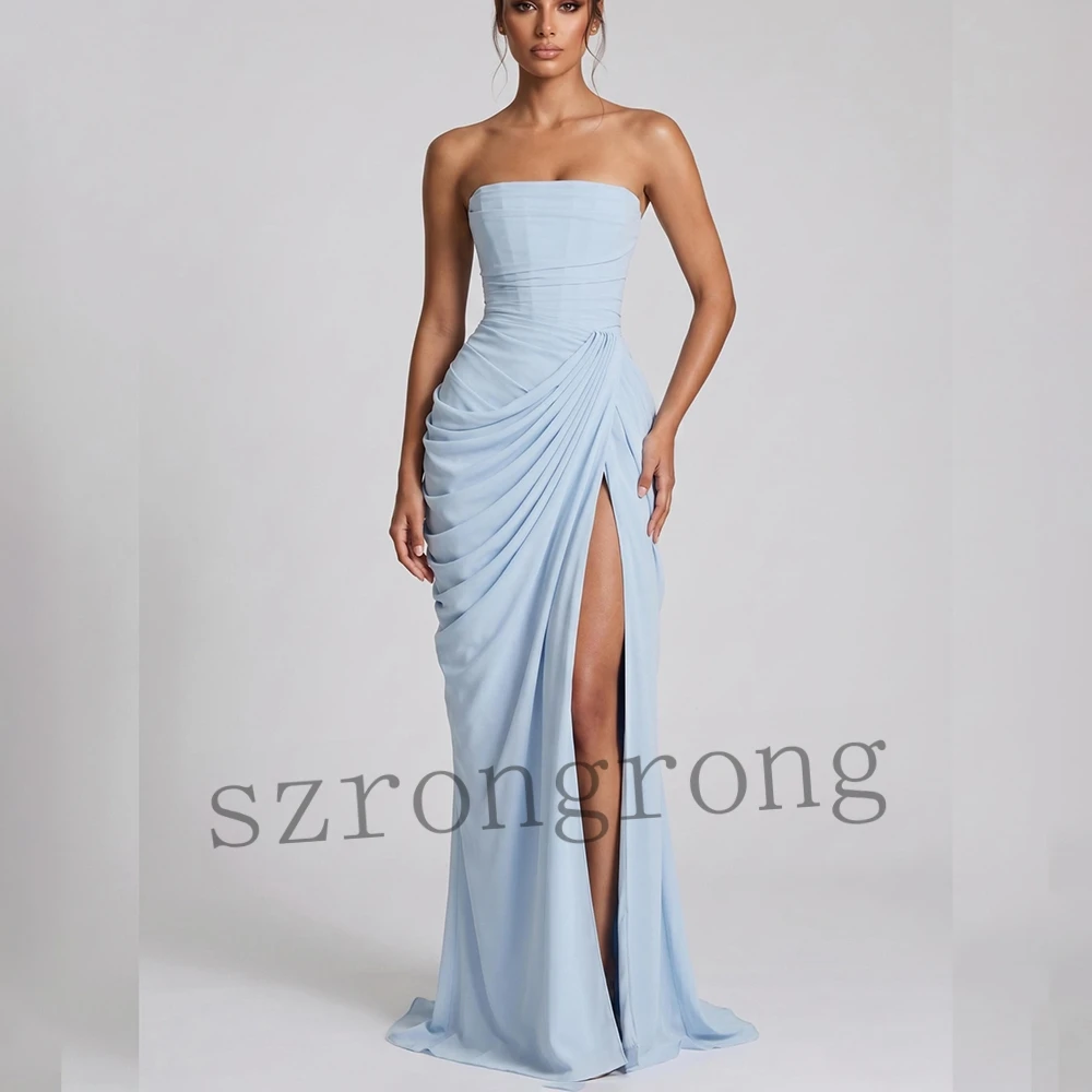 

Customized Blue Boat Collar Pleated Chiffon Evening Party Dress Sheath Side Slit Backless Floor Length Prom Bridesmaid Dress