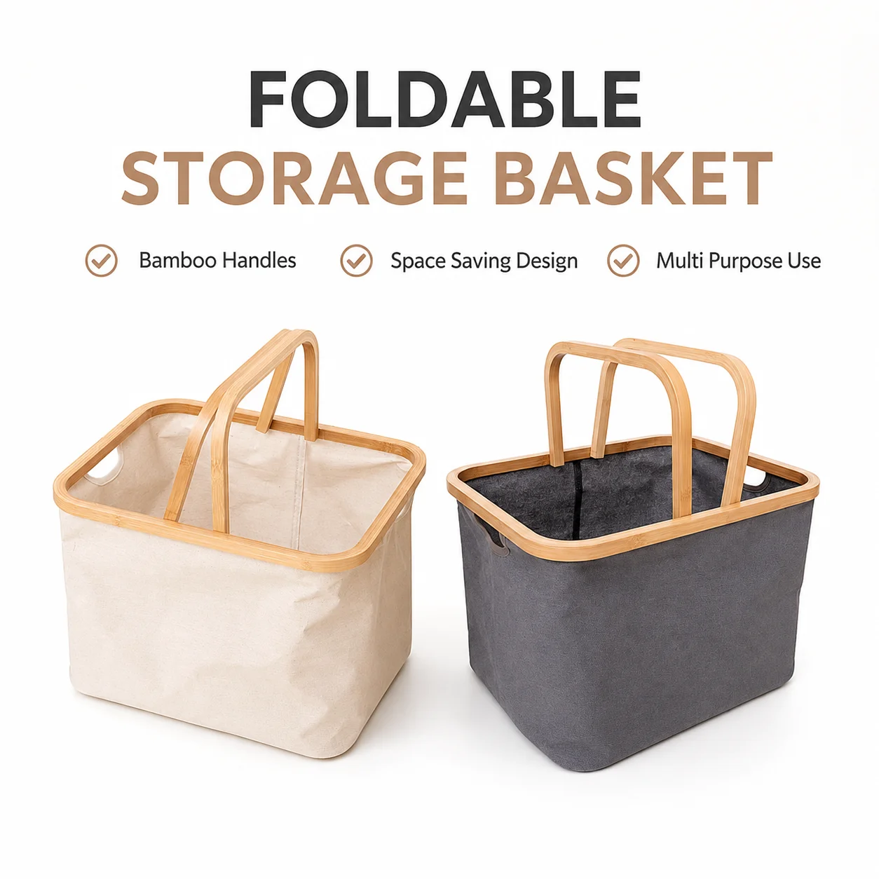 Collapsible Fabric Storage Basket Wooden Handle Laundry Hamper Toy Organizer Portable Picnic Bin Home Bedroom Camping Washable