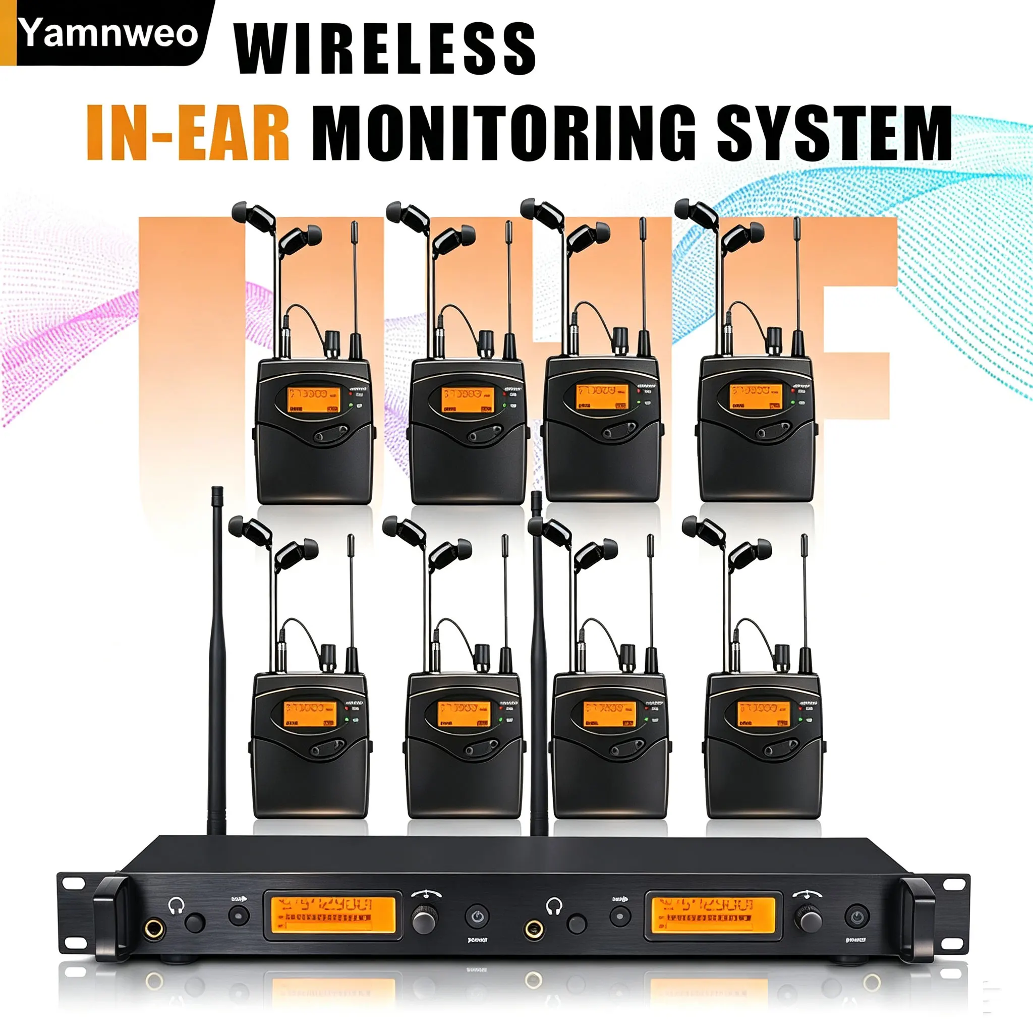 NXG GS80-EARBACK Dual Channel UHF Wireless In-Ear Monitor System, Rack Mount Metal Transmitter with 8 Bodypack Receivers, 200 Adjustable Frequency Channels, Stable Anti-Interference Signal, Real-Time LCD Monitoring for Stage Performance, Band Rehearsal