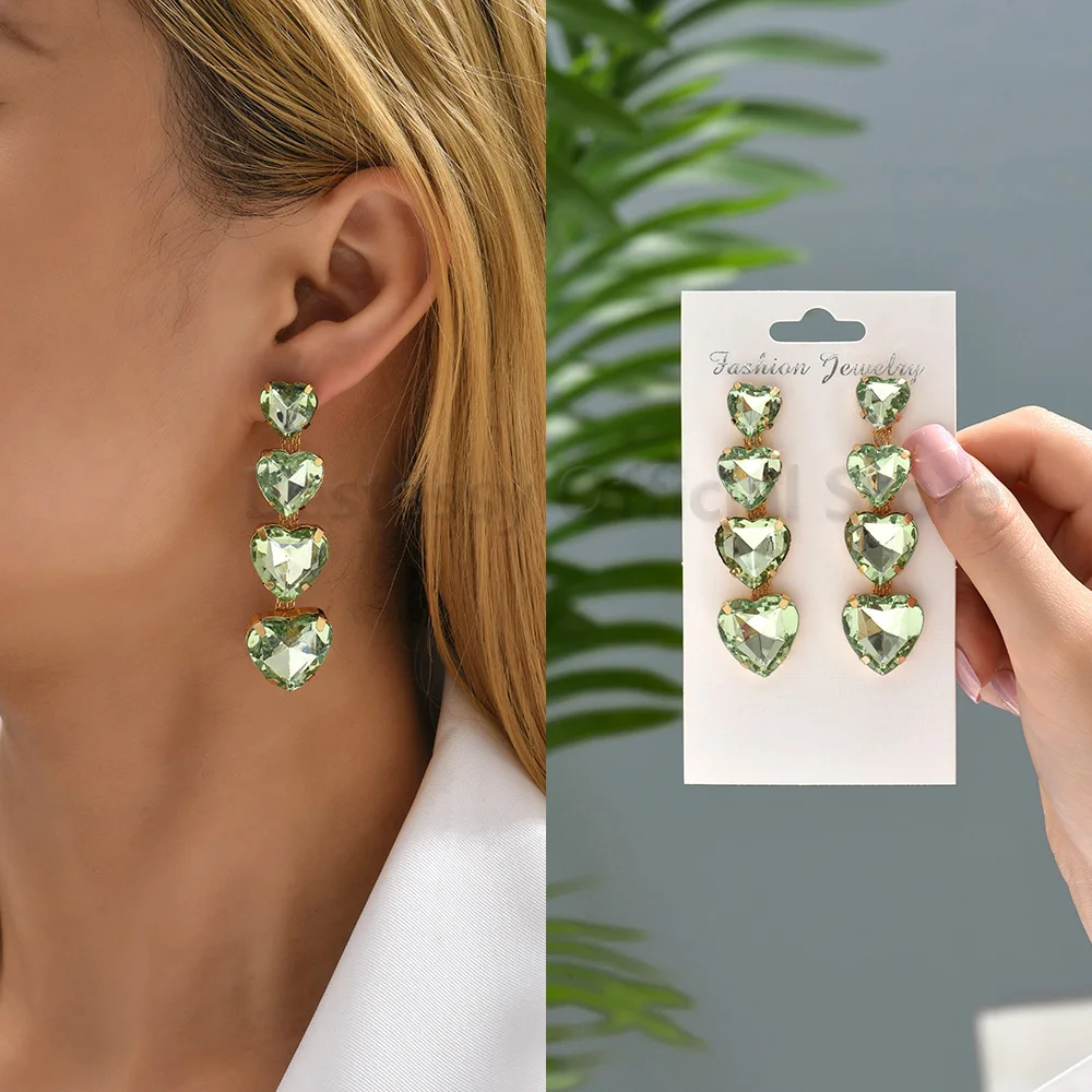 Green Crystal Large Dangle Piercing Earrings Luxury Statement Petals Long Pendant Modern Women Geometric Party Fashion Jewelry