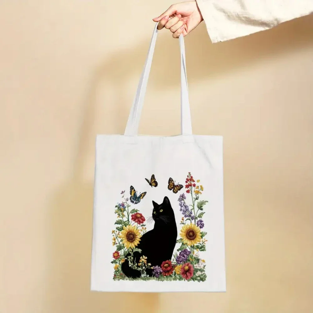 

Black Cat Floral Butterfly Print Tote Bag Eco Friendly Shoulder Bag Multipurpose Commuter Carryall for School Travel Daily Use