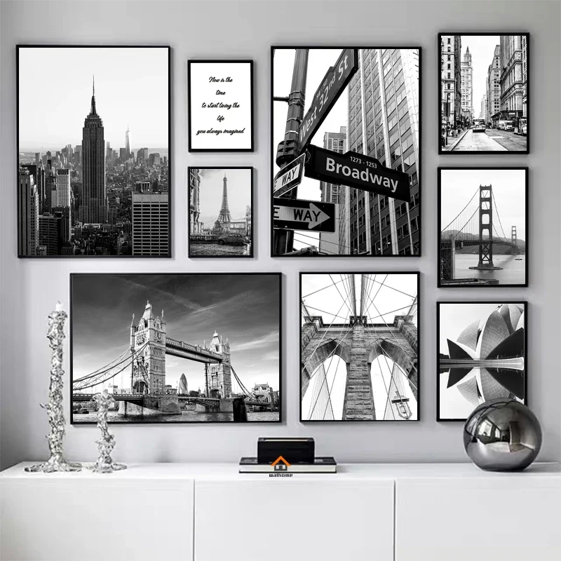 Modern New York London Paris Sydney City Landmark Landscape Poster Canvas Painting Wall Art Black White Pictures Home Room Decor