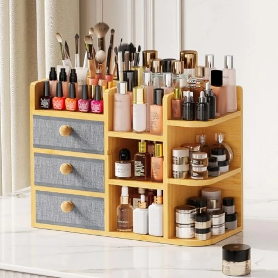 

Large Makeup Organizer For Vanity, Large Capacity 3 Tiers Bamboo Bathroom Counter Organizers and Storage, Countertop Makeup Bru