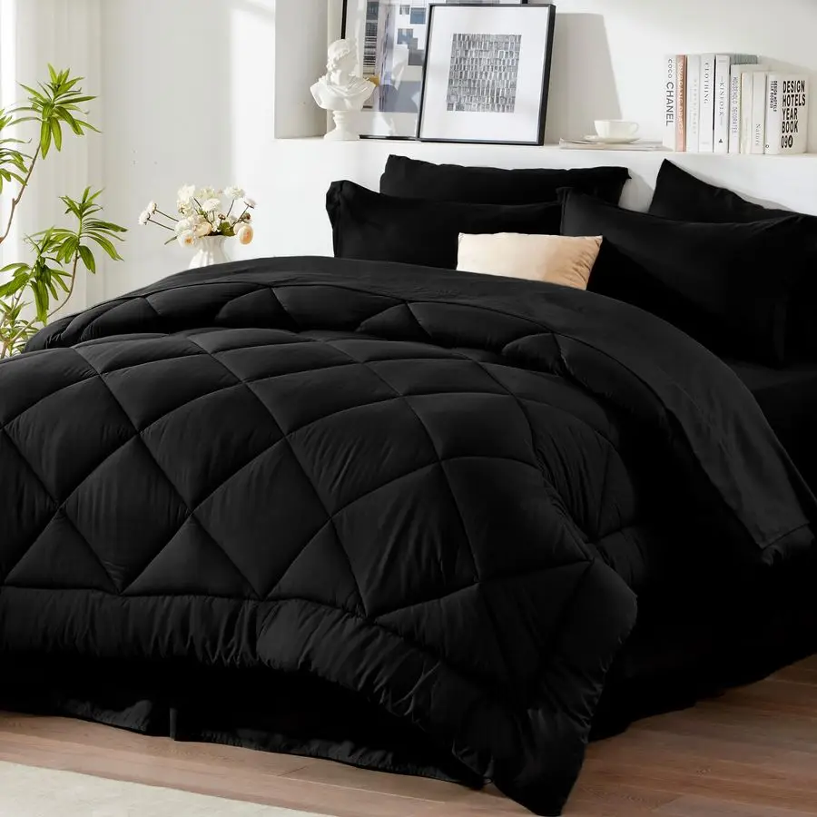 

Комплект постельного белья Queen Comforter Set Black, 8 предметов, размер Queen, всесезонный, с пушистым одеялом и простынями, комплект простыней и одеяла.