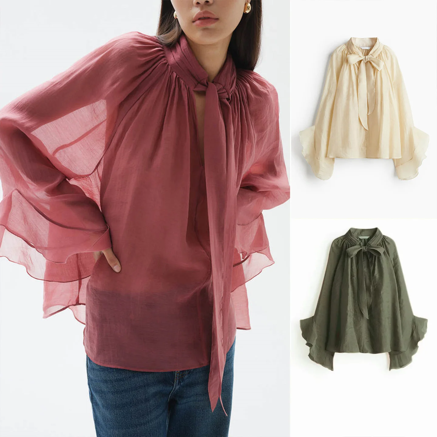 

New Summer Women's Casual Long Sve Stand Collar Pleated irt Faionable Transparent Netie Top Commute Sle Loose Fit