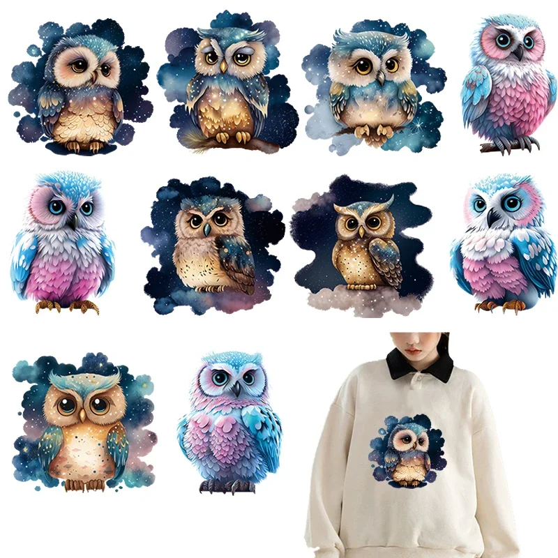 10PCS Cute Blue Cartoon Owl Visual Design iron on transfer for clothing dtf transfers ready to press Heat Transfer Printing