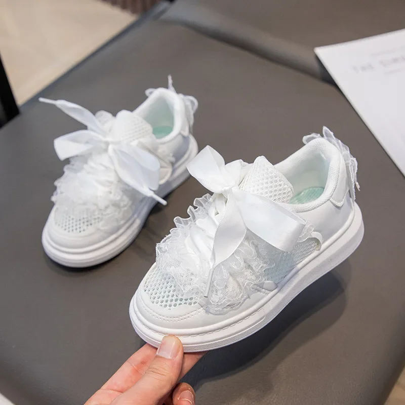 Children Fashion Casual Shoes White Lace Mesh Girls Shoes Breathable School Kid Sneakers Lace Up Princess Tennis Shoe