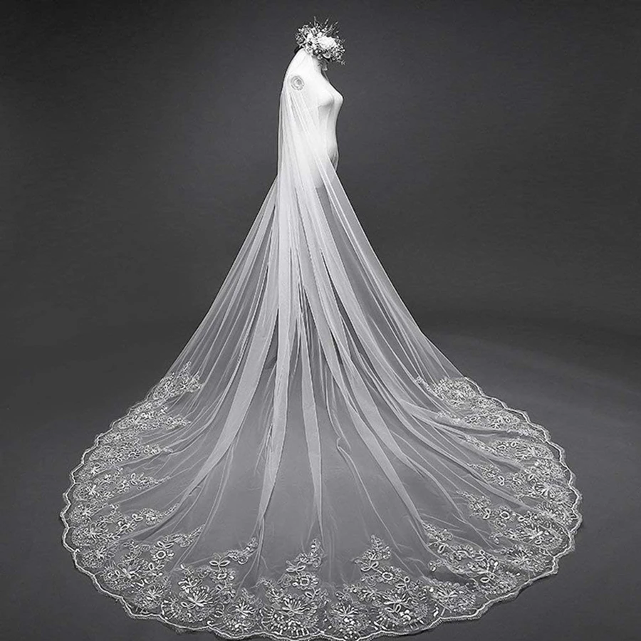 White Ivory Cathedral Wedding veils Lace Appliques Complementos de Boda Bride Wedding accessories casamento Bridal Veil