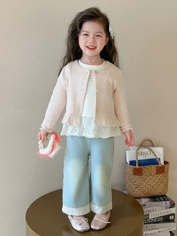 

GirlsTT-shirt Knitted Suit Spring and Autumn Outfit2025New Baby Denim Three-Piece Children's Outfit, Beautiful Clothes3