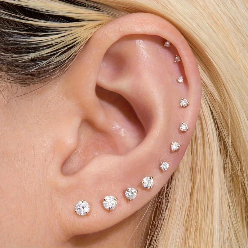 7pcs/Set Stainless Steel Crystal Flat Studs Women Men Bar Screw Back Tragus Round Clear Cubic Zirconia Piercing Earrings Jewelry